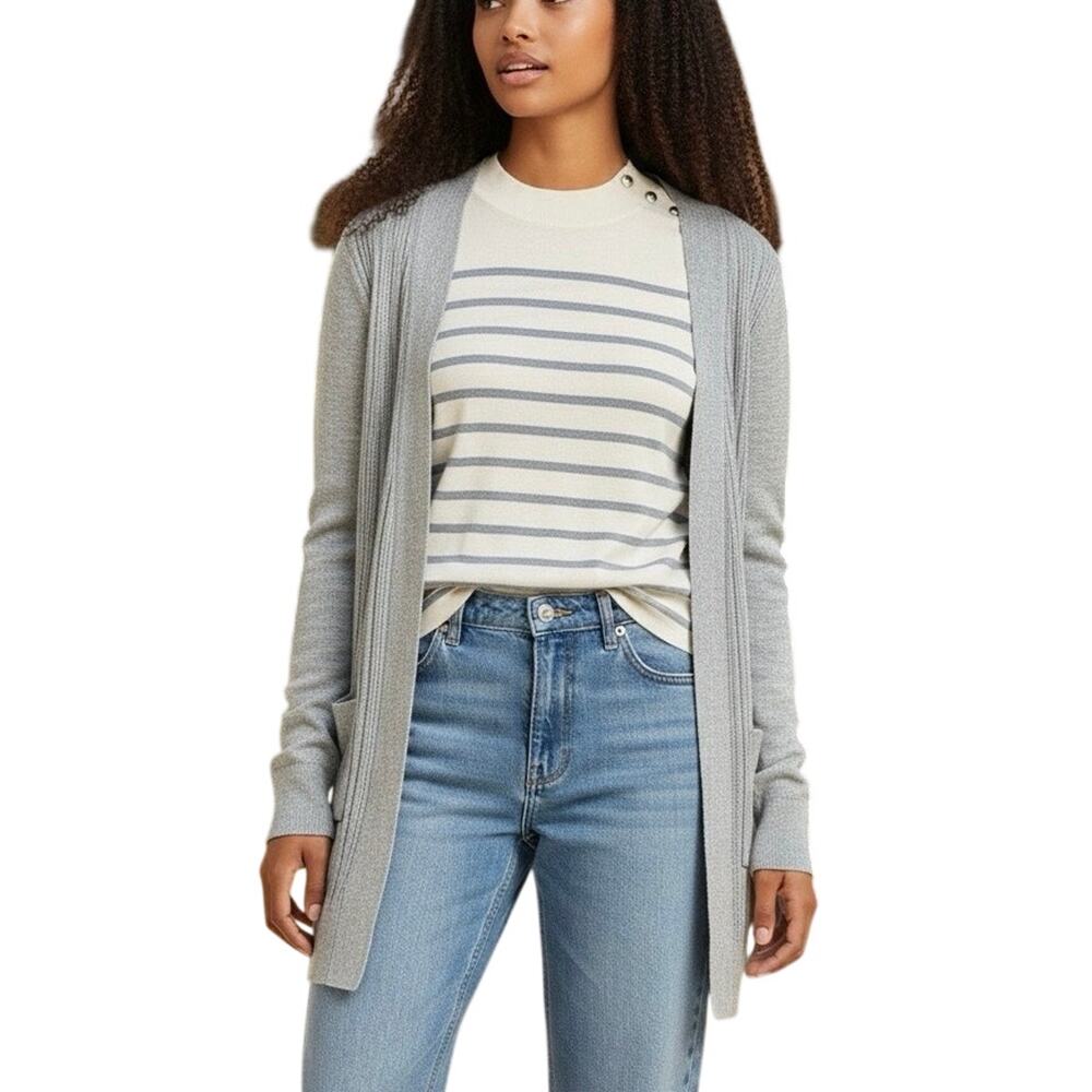 Talbots 2pc Twinset Sweater L Gray Metallic Ribbed Cardigan Striped Mock Neck
